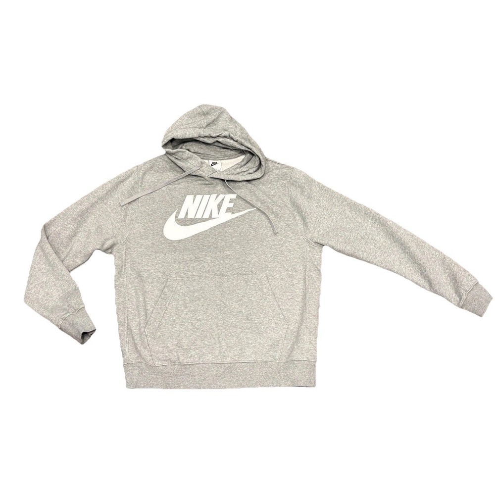 Nike Hoodie Sweatshirt Pullover Mens Medium Pockets Gray Spell Out Logo Swoosh